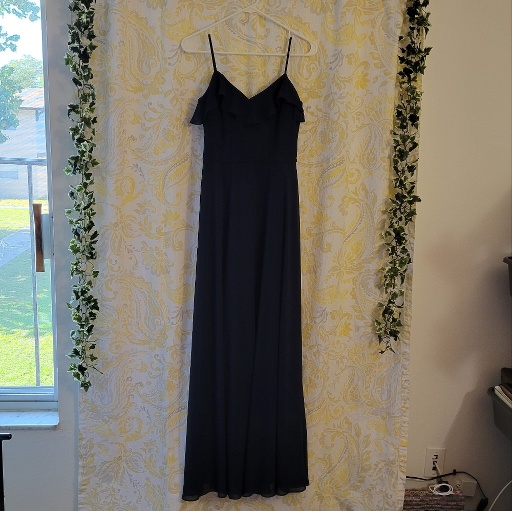 #LEVKOFF Ruffle V-Neck Chiffon Gown In Navy Color - Picture 3 of 11